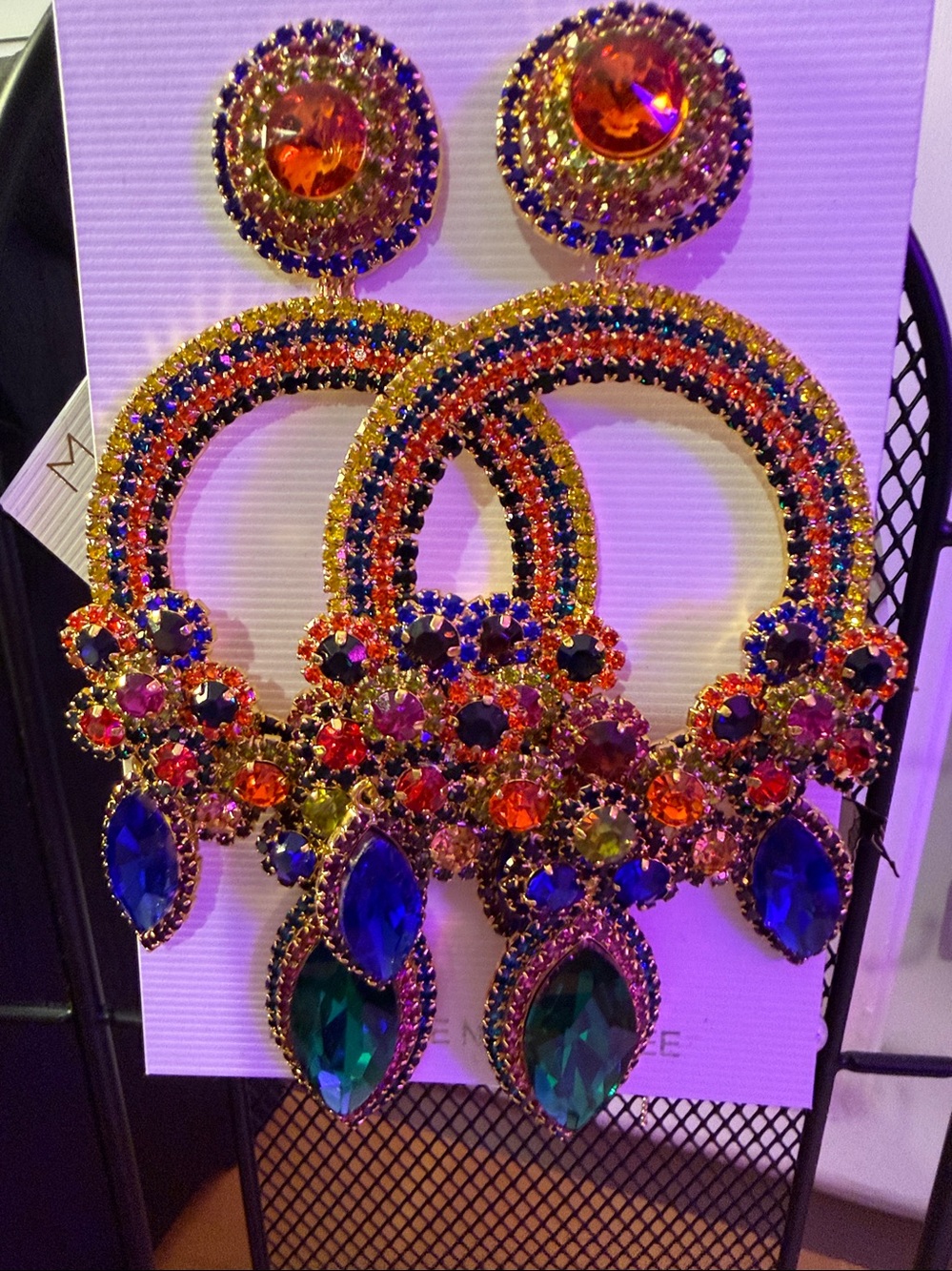 Statement Multicolor Crystal Hoop Earrings - Gold Tone